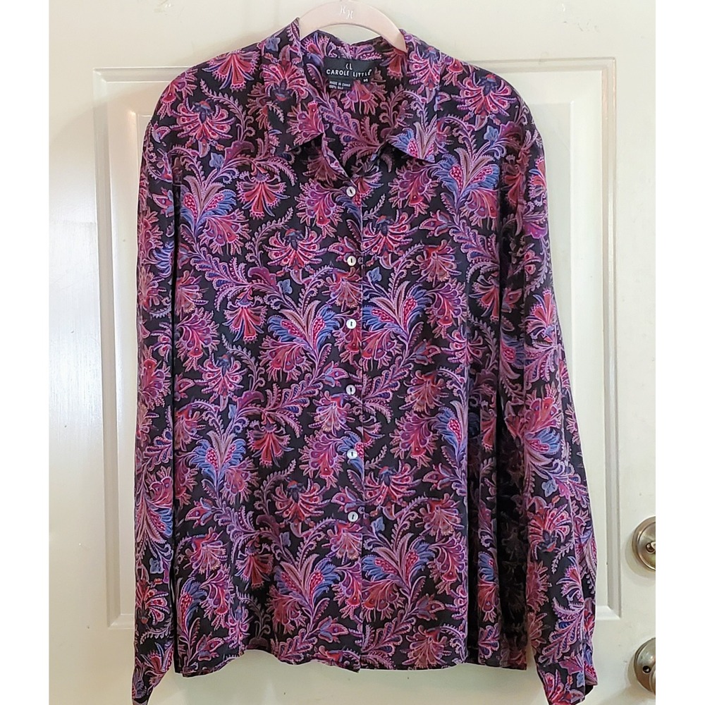 Vtg Carole Little Floral Paisley Black‎ Women 14 Button Up Long Sleeve Shirt USA